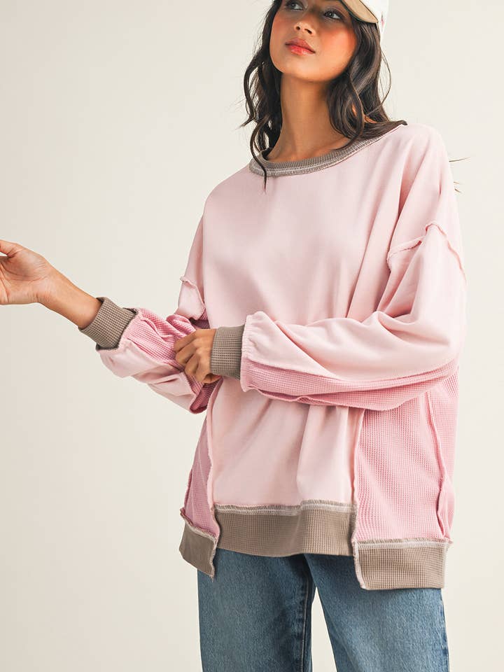 Block Mix Texture Waffle Patchwork Oversize Sweatshirt for wholesale by Little Daisy Closet