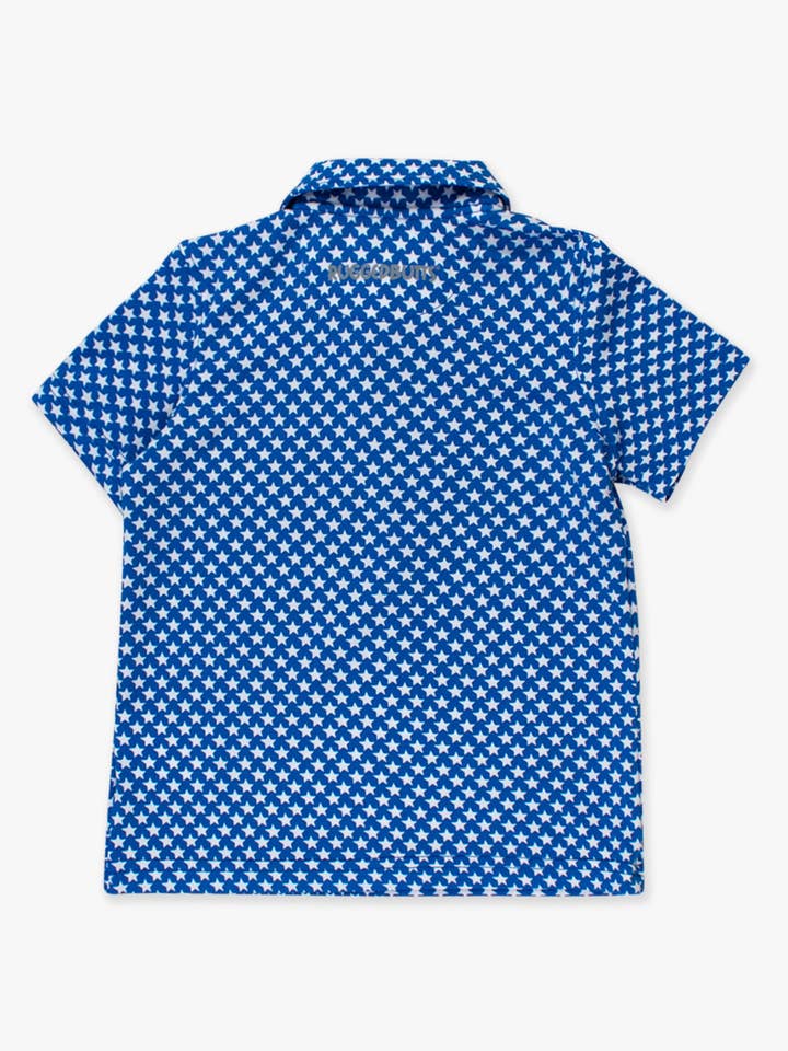 RuffleButts + RuggedButts - Wholesale Athletic Top - Kids - Boys Tiny Blue Stars Knit Short Sleeve Performance Polo
