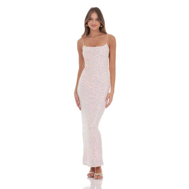 Iridescent Sequin Bodycon Maxi Dress in Pink for wholesale by Lucy In The Sky