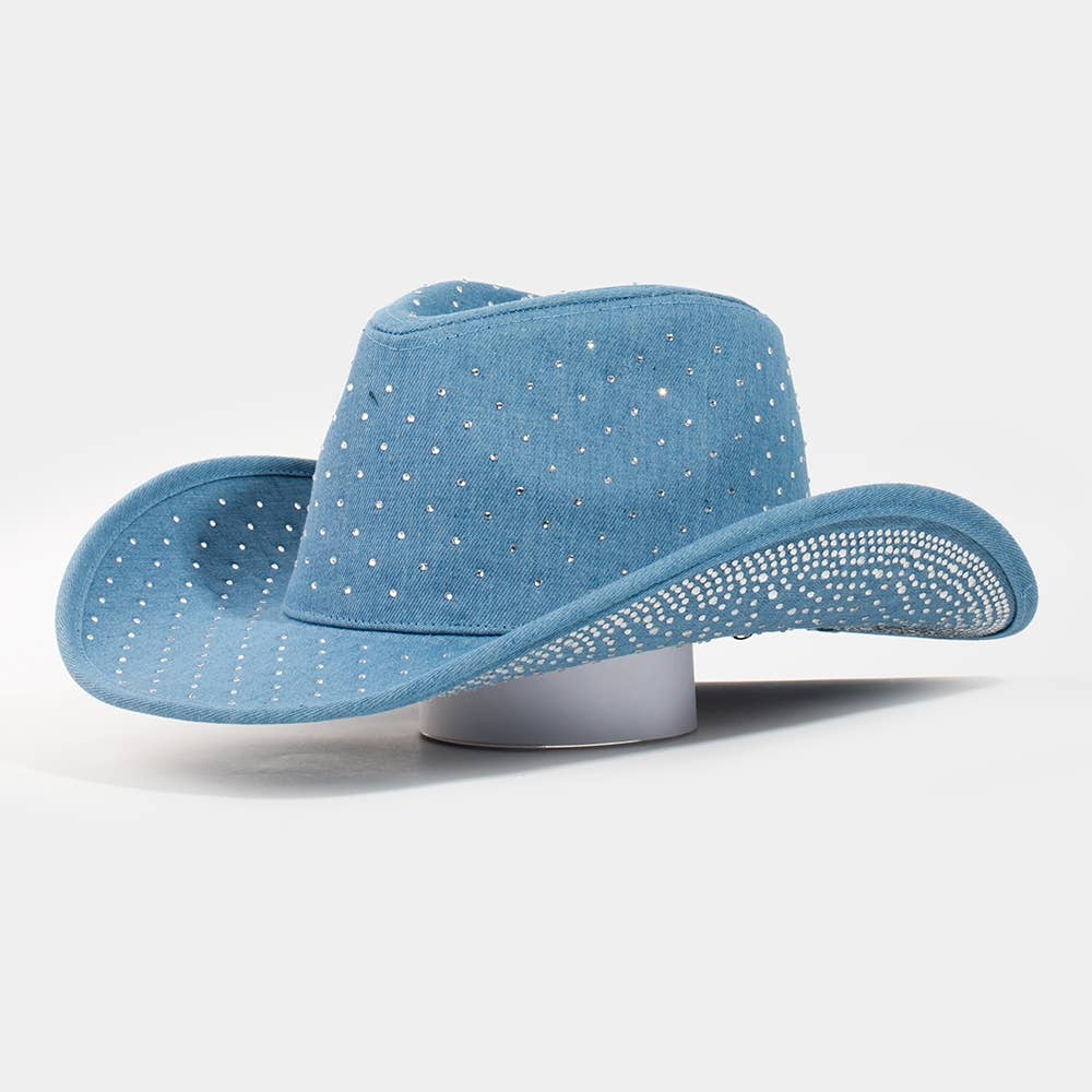 Collections by Fame Accessories - Wholesale Cowboy Hat - Women's - Rhinestone Studded Denim Cowboy Hat1