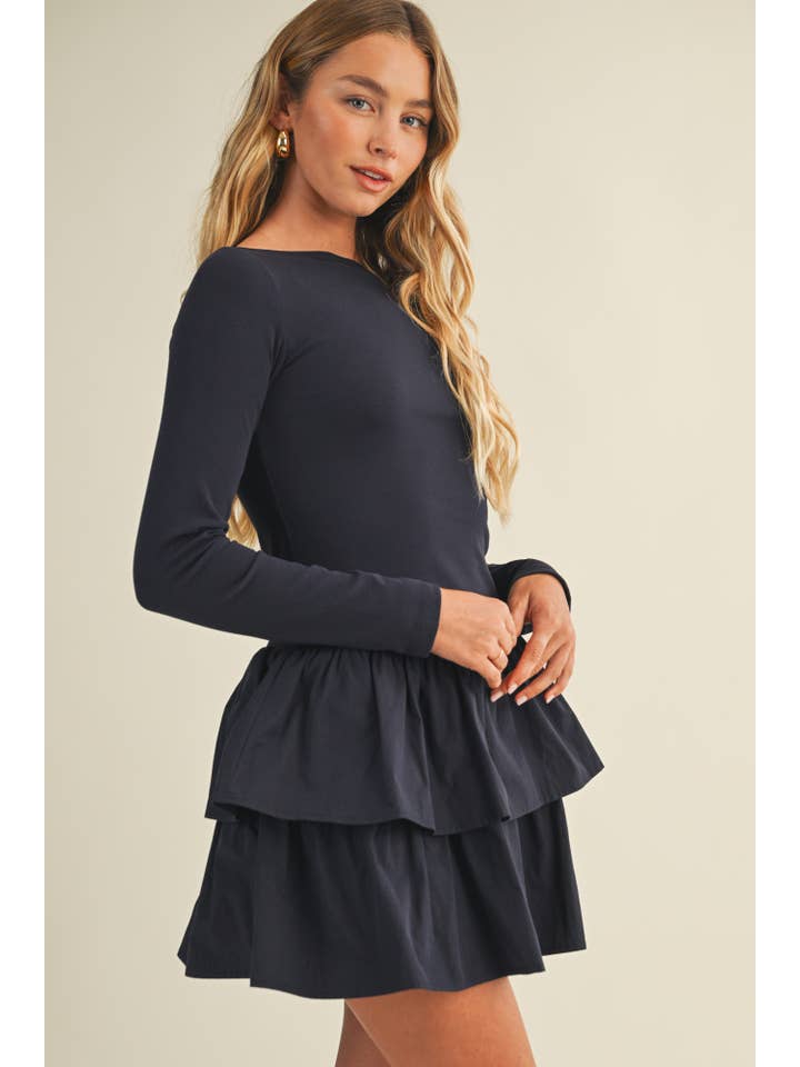 SHADOW BLUE BOAT NECK TIERED RUFFLE DRESS for wholesale on Faire3