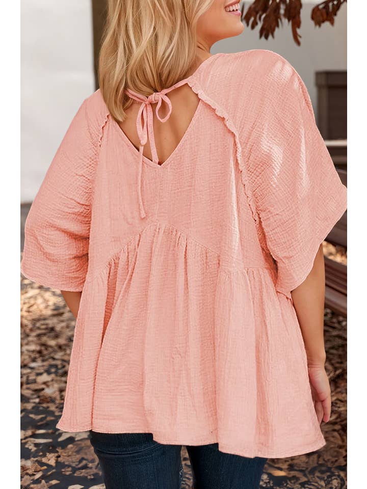 Pink Plus Size Textured Wide Short Sleeve Babydoll Blouse for wholesale on Faire
