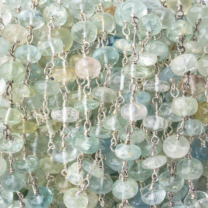 6.5mm Aquamarine & Beryl plain rondelle Sterling Silver Chain by the foot 30 pieces for wholesale by Beads of Cambay