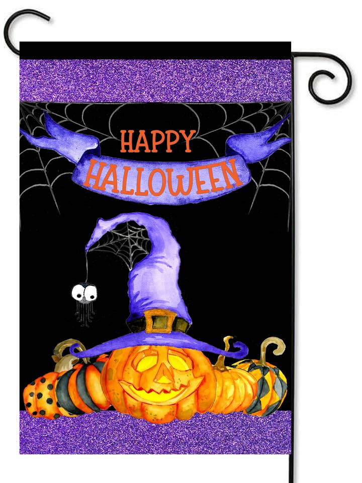 Happy Halloween Orange Purple Garden Flag #G2036 for wholesale by Happy Cow Lawn Decor