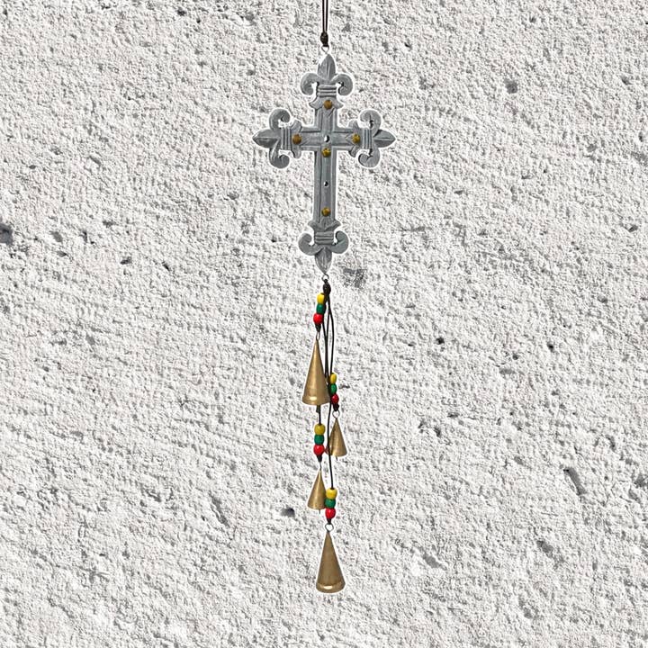 Palatine Grey Wood Cross Hanging Chapel Bells Wind Chime for wholesale by Wilco Home