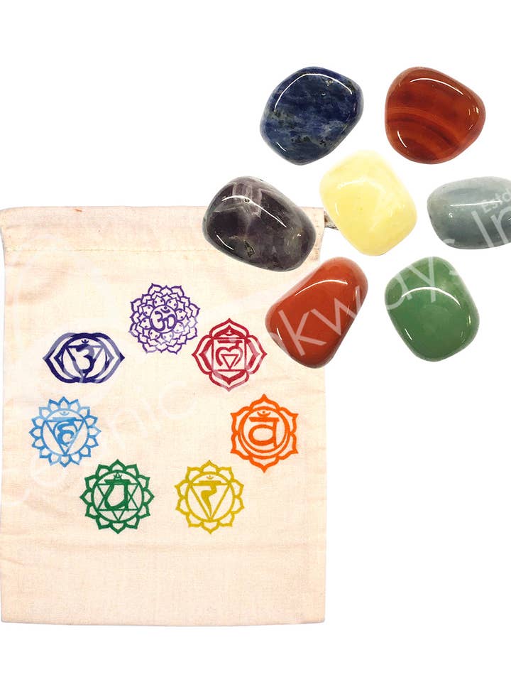 TROMMELSTEINE - CHAKRA IM BAUMWOLLBEUTEL (7ER-SET) 20-22 MM für den Großhandel von Oceanic Linkways Inc