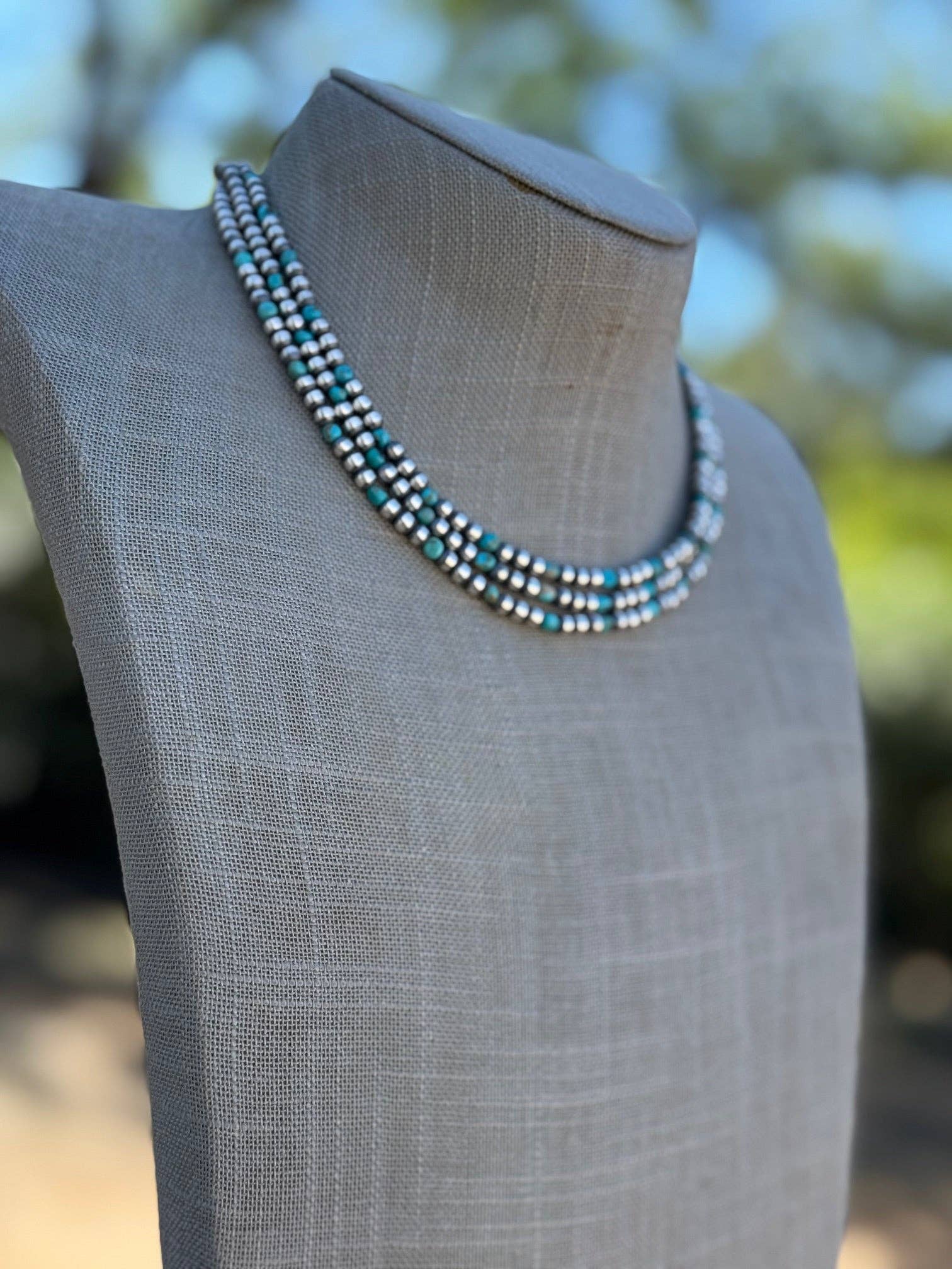 Nizhonitradersllc - Vente Collier de perles - Collier en perles de turquoise Kingman et argent sterling 4 mm fait main 16"1