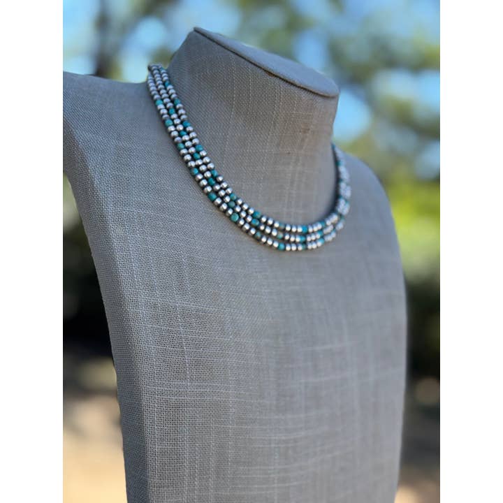 Nizhonitradersllc - Vente Collier de perles - Collier en perles de turquoise Kingman et argent sterling 4 mm fait main 16"1