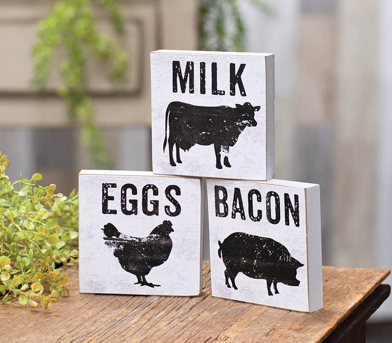 The Hearthside Collection - Vendita all'ingrosso Cartelli - Blocchi quadrati a forma di pancetta, uova, latte, 3 pezzi assortiti1