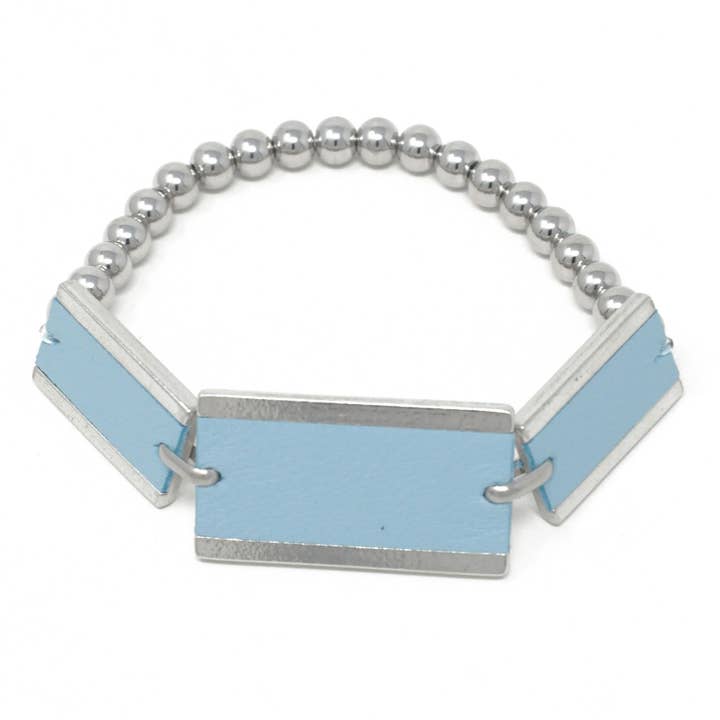 Rectangle Leather & Steel Ball Bracelet Light Blue for wholesale by Sobo & Co Jewellery