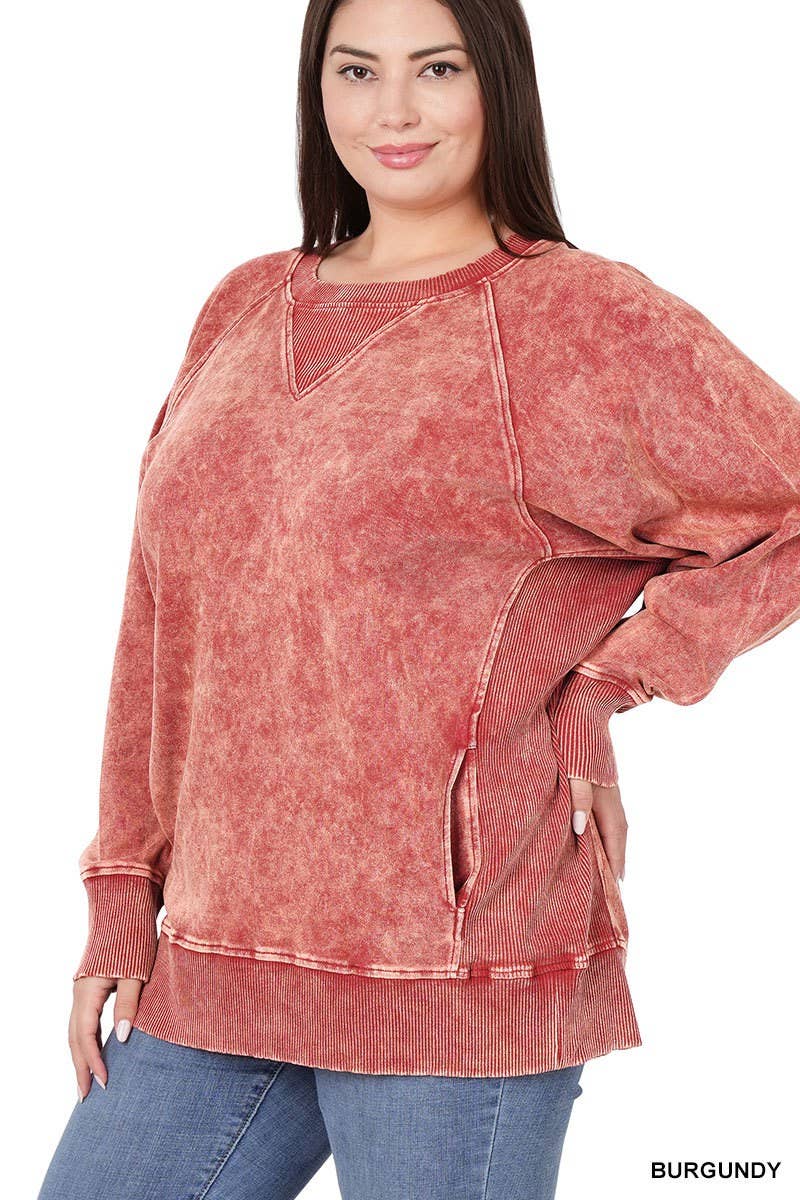 Baie Bleue - Wholesale Sweatshirt - Women's - PL1749ZN - PLUS ACID WASH ROUND NECK PULLOVER WITH POCKETS1