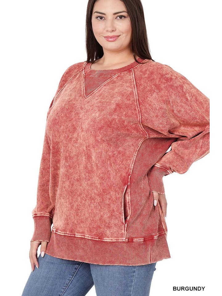 Baie Bleue - Wholesale Sweatshirt - Women's - PL1749ZN - PLUS ACID WASH ROUND NECK PULLOVER WITH POCKETS1