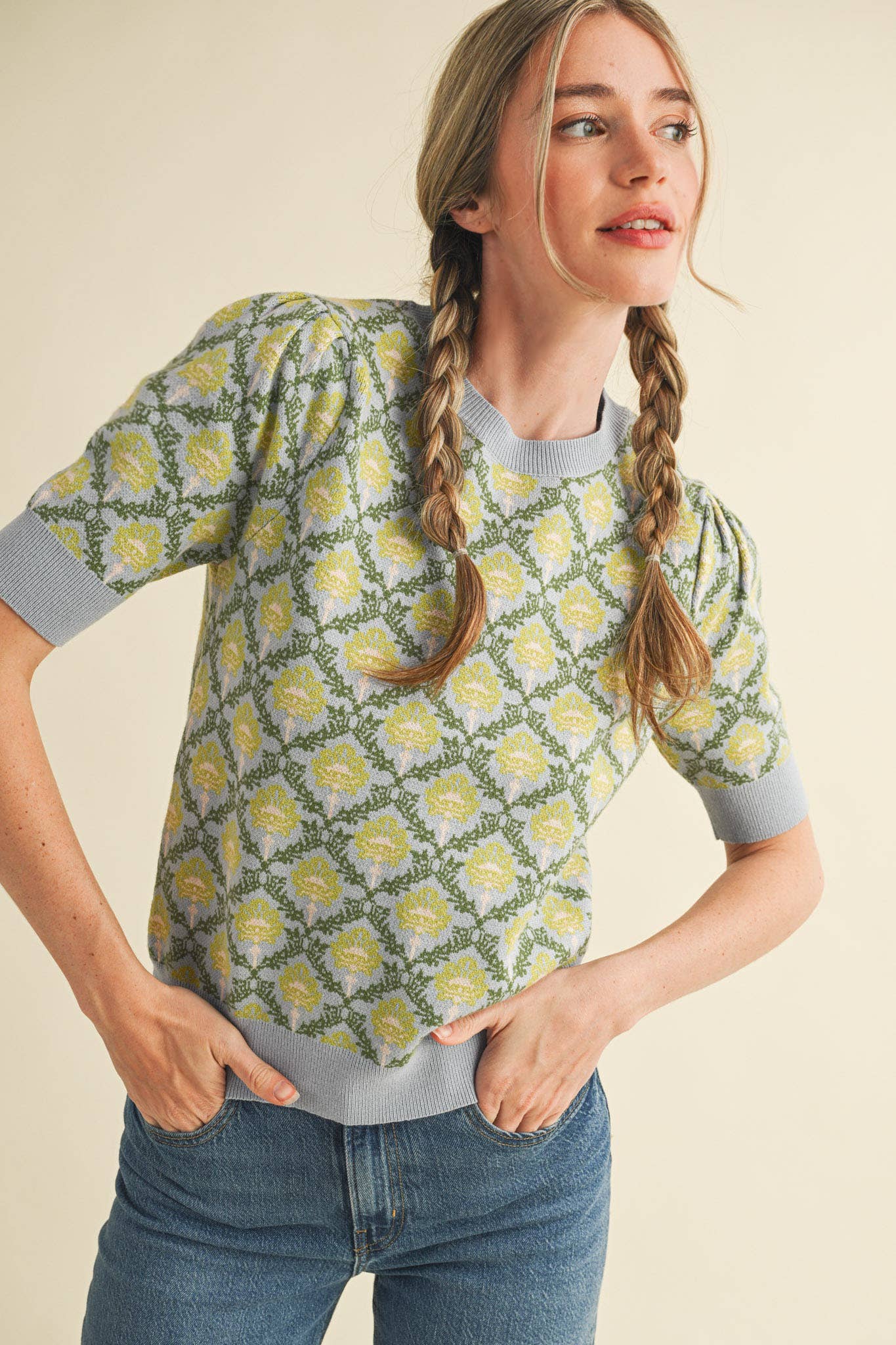 &MERCI - Wholesale Knit Sweater - Women's - FLORAL PATTERN SHORT SLEEVE SWEATER MSW1086037