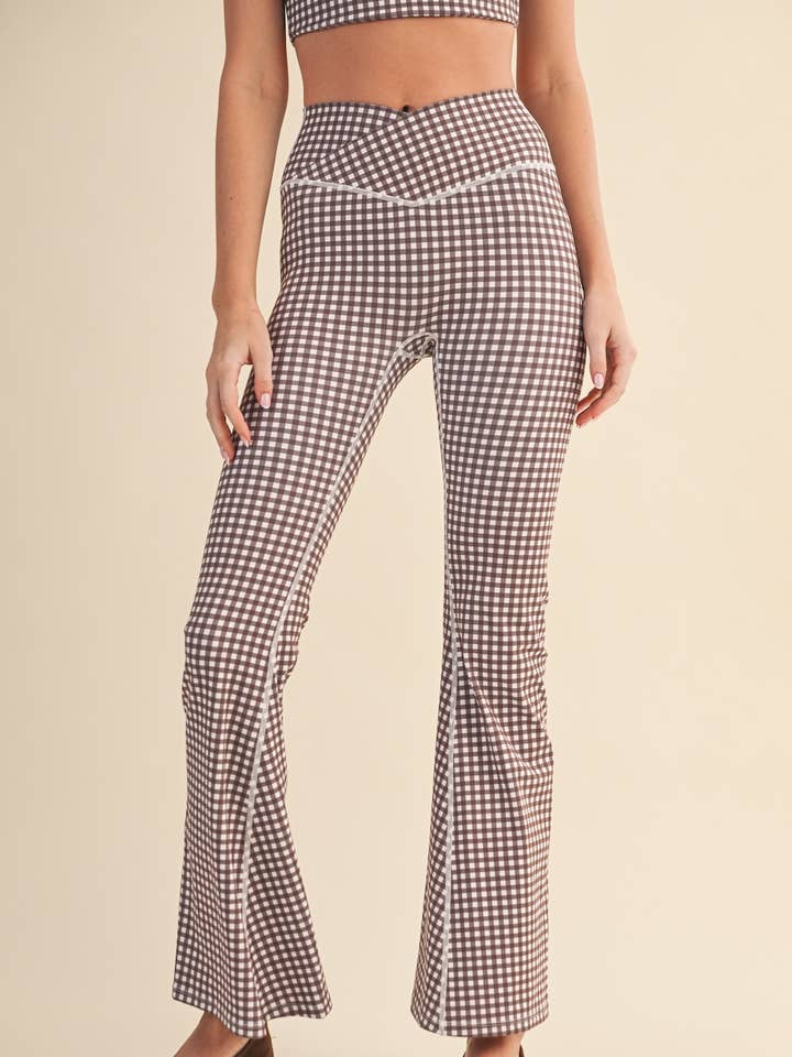 Gingham Print High Waist Crossover Flare Legging for wholesale by KIMBERLY C