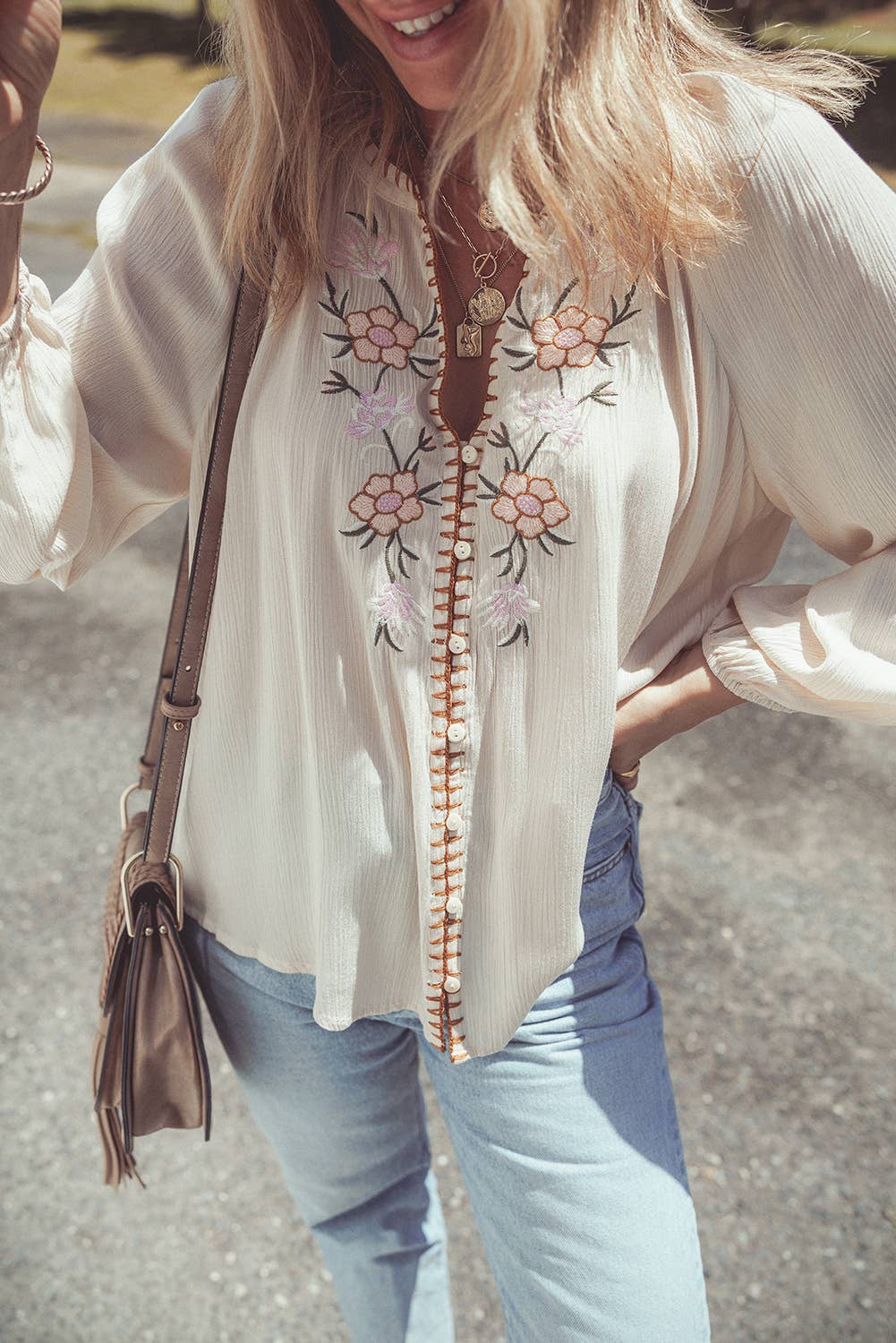 Beige Floral Embroidered Textured Spring Puff Sleeve Loose Shirt for wholesale on Faire7