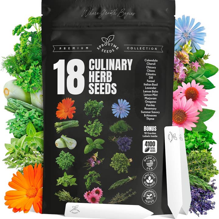 SproutMe Seeds - Wholesale Plant Seeds - 18 Culinary Seeds Variety Pack - Herb Garden Starter Kit with Plant Markers | 4100+ Non-GMO Heirloom Herb Seeds for Indoor, Outdoor Planting: Basil, Cilantro, Parsley, Oregano, Rosemary & Thyme Seeds0