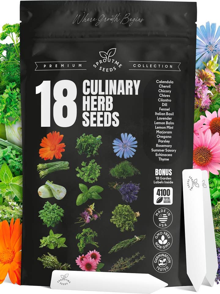 18 Culinary Seeds Variety Pack - Herb Garden Starter Kit with Plant Markers | 4100+ Non-GMO Heirloom Herb Seeds for Indoor, Outdoor Planting: Basil, Cilantro, Parsley, Oregano, Rosemary & Thyme Seeds for wholesale by SproutMe Seeds