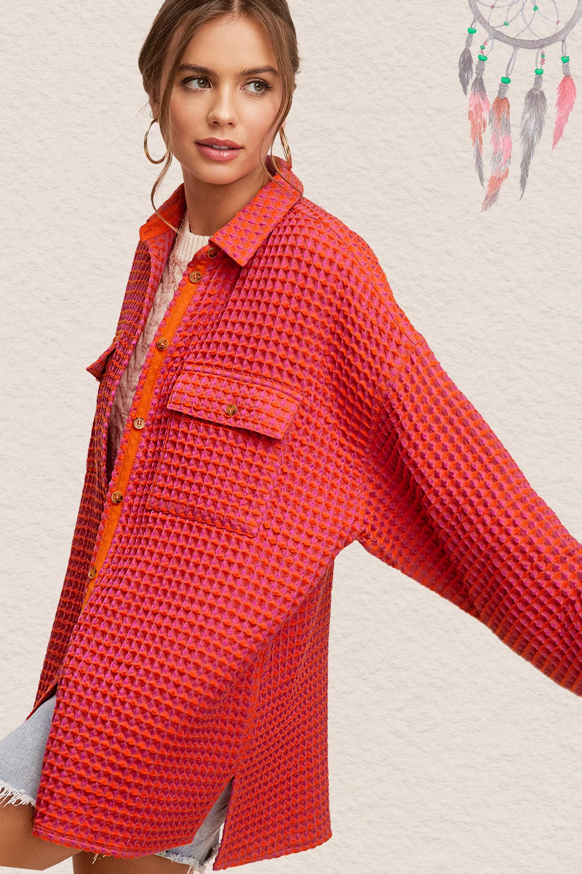 La Miel – Engroshandel Skjortejakke/shacket – til kvinder – La Miel unik waffeltekstureret oversized skjortejakke med knapper5