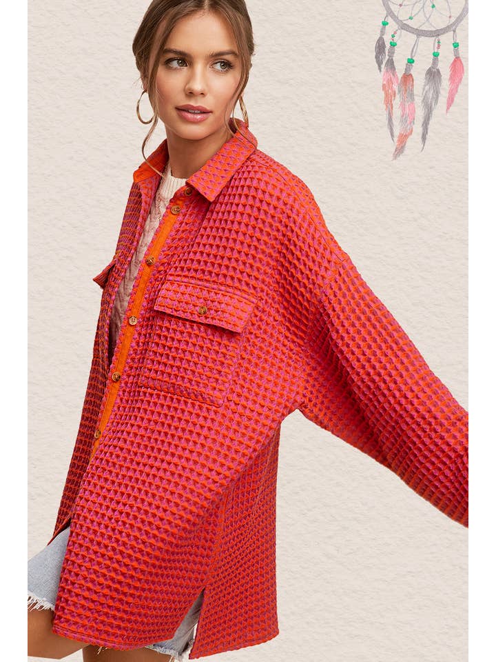 La Miel - Wholesale Shirt Jacket/Shacket - Women’s - JKT1793-Unique Waffle Textured Oversized Button Down Shacket9
