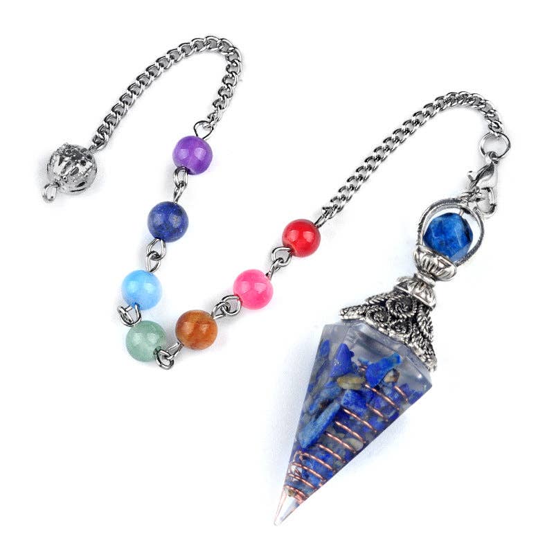Mio Queena - Wholesale Spiritual Stone/Crystal - Hexagonal Cone Gravel Pendulum with Chakra Chain - CS1
