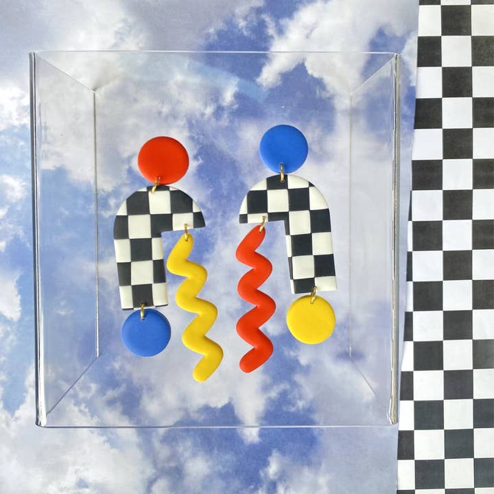 Mismatch primary checker earrings for wholesale by Sunny and Sal