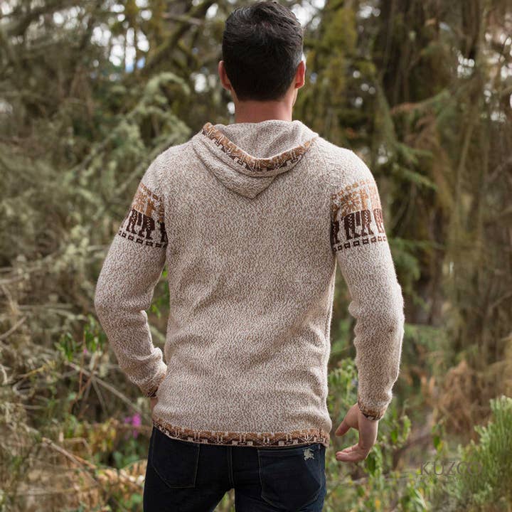 KuzcoHandmade - Wholesale Cardigan - Men's - Men's Alpaca Wool Zip Cardigan with Andean Pattern4