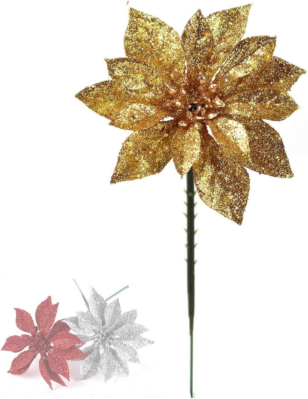 Larksilk - Wholesale Christmas Decoration - 2PC 4-Inch Gold Glitter Poinsettia Picks for Christmas0