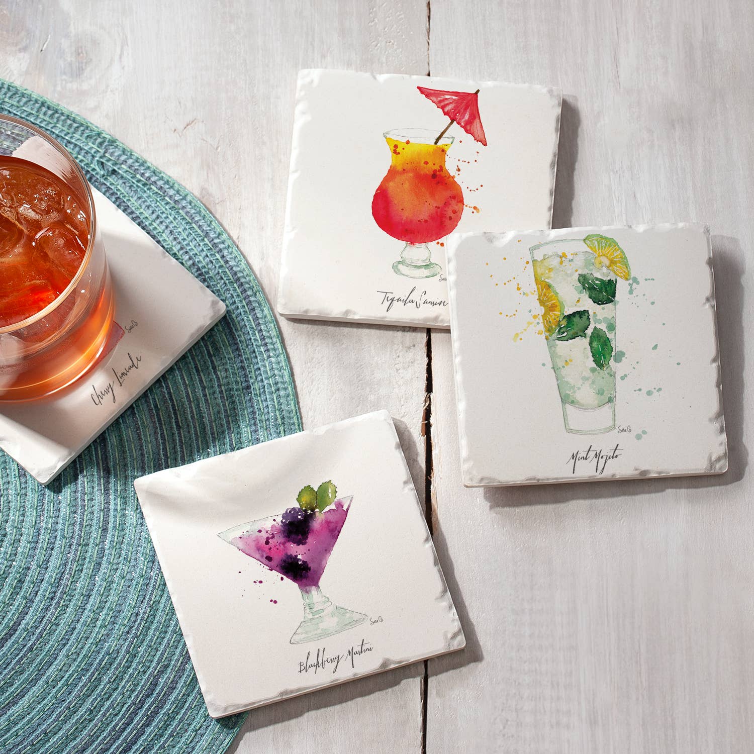 Conimar Promotions - Wholesale Coasters - Drinks Splash 4pk Assorted Tumbled Tile Coasters 6