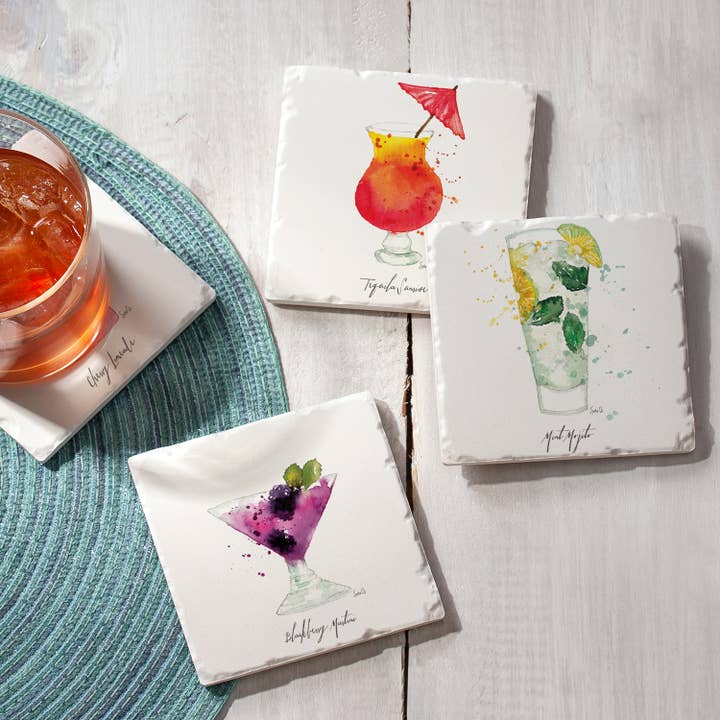 Conimar Promotions - Wholesale Coasters - Drinks Splash 4pk Assorted Tumbled Tile Coasters 6