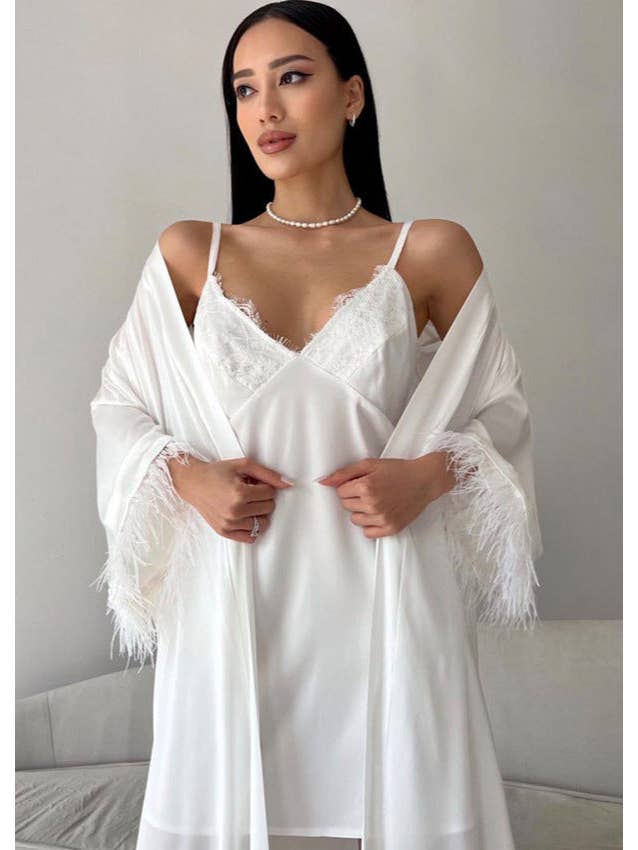 White Feather-Trim Satin Robe and Nightgown Set for wholesale on Faire