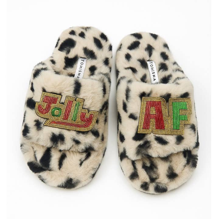 Eco Faux Fur Cheetah Holiday Platform Slide Slippers with Jolly + AF Hand Beaded Brooches for wholesale by Yomisma