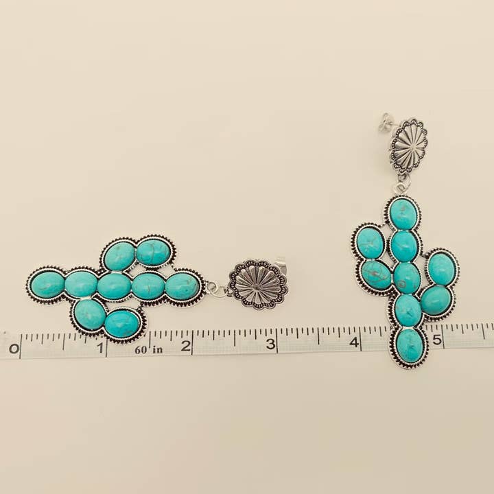 Mio Queena - Wholesale Dangle Earrings - Western Style Turquoise Cactus Pendant Post Earrings - WJ2
