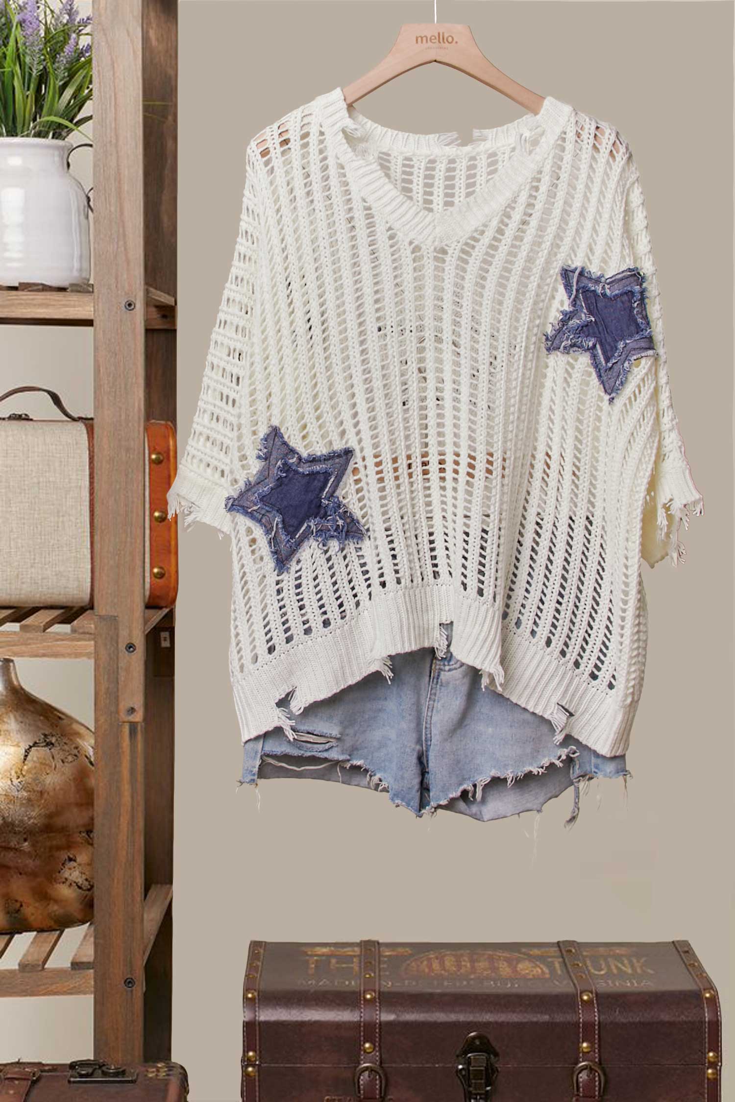 Mello. - Wholesale Knit Sweater - Women's - Distressed Star Knit Pullover