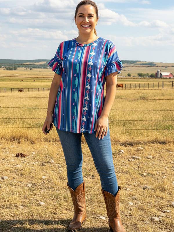 FW10191 Multi color Aztec/Cowboy printed blouse for wholesale by luluclothes