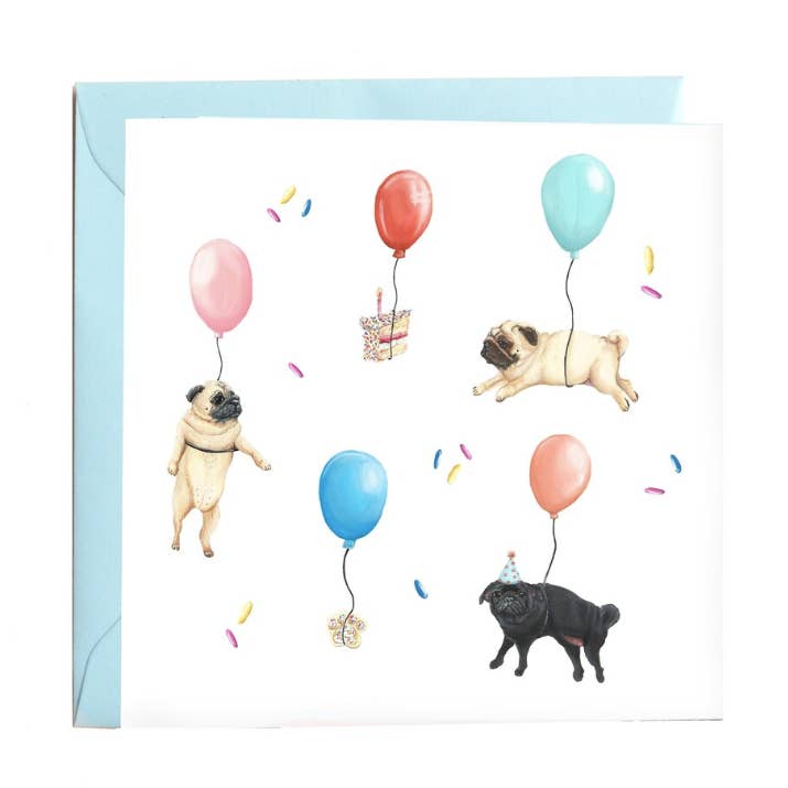 Pug Birthday Ballon Card - Fawn and black Pugs illustrated for wholesale by Hannah Farrs