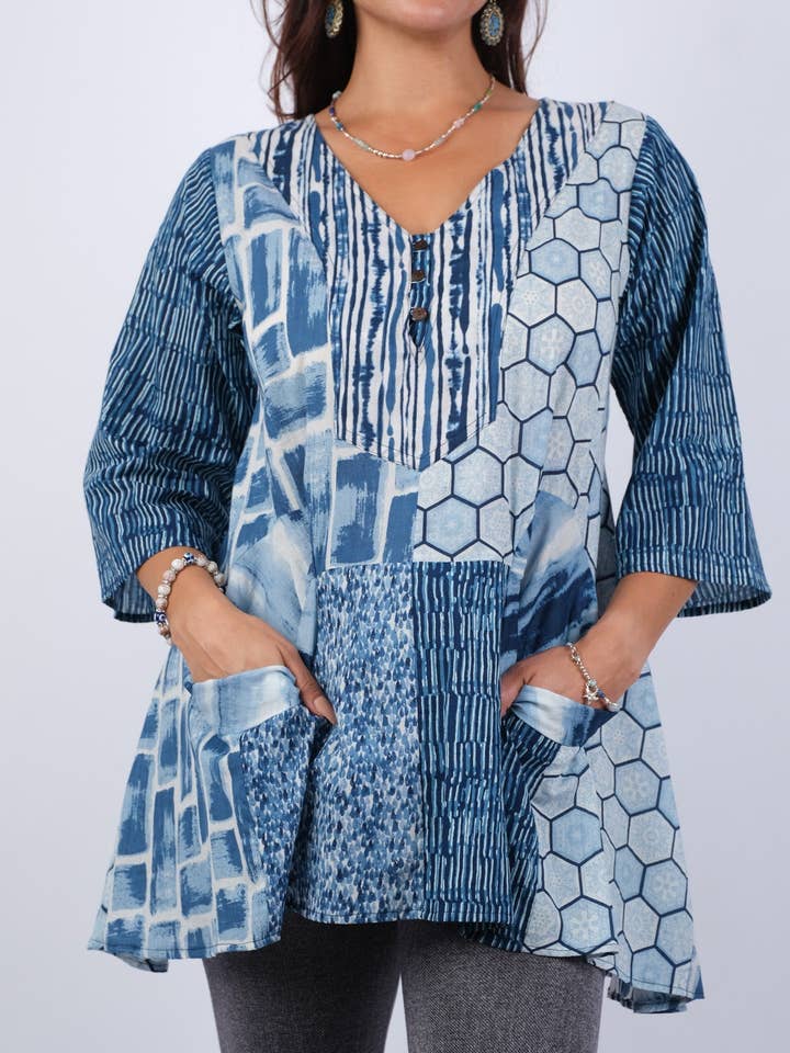 Sapphire Ocean V Neck Patchwork Tunic for wholesale by Sacred Threads