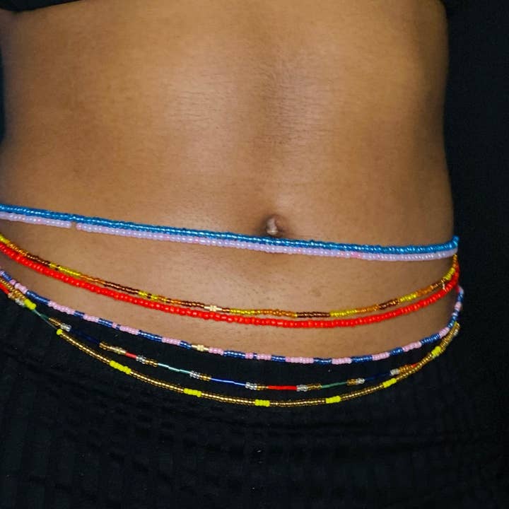 AfricanFabs - Wholesale Beads - Waist Beads / African Waist Chain - OSAYEMWENRE - Blue / pink (elastic)2