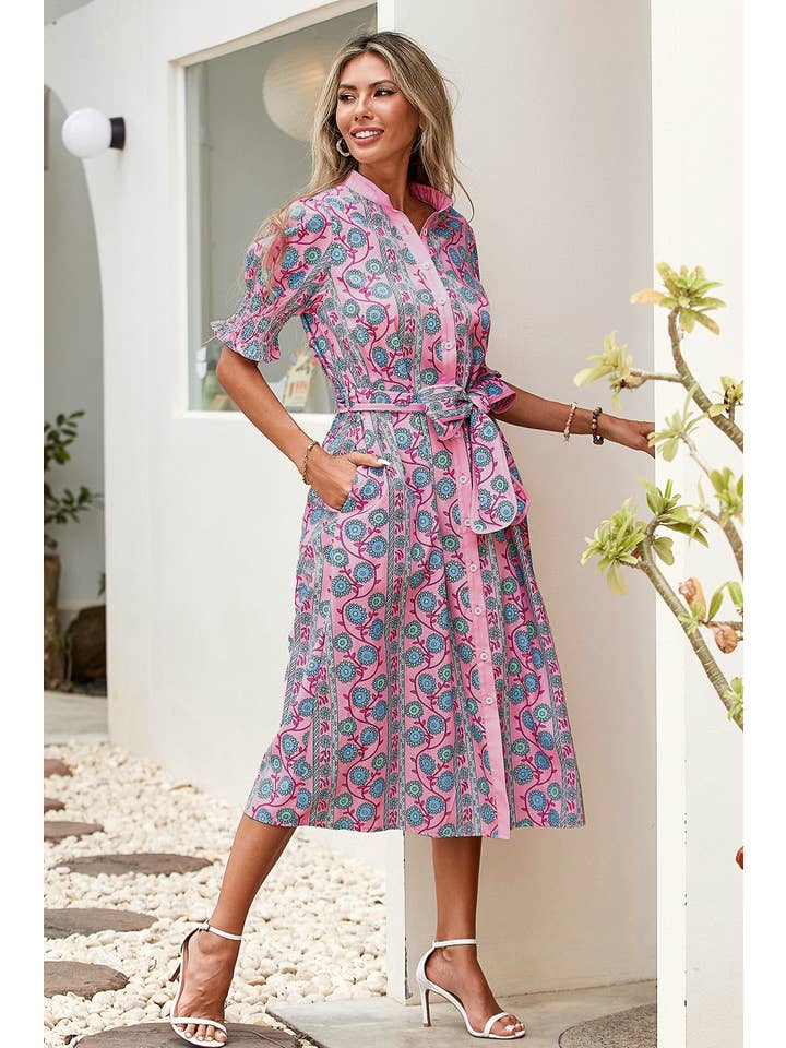Pink LDC Floral Shirred Puff Sleeve Buttoned Front Midi Dress for wholesale on Faire