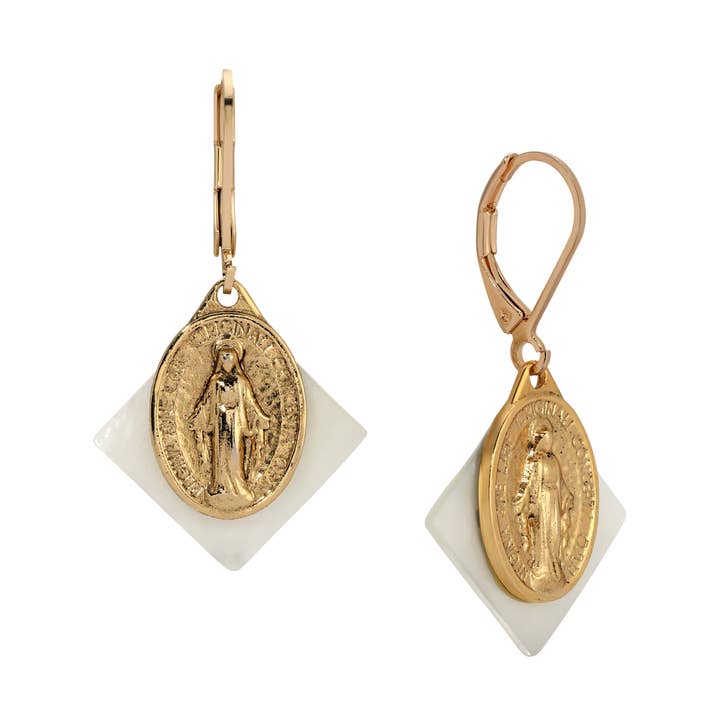 Symbols Of Faith Mother Of Pearl Miraculous Medal Drop Earrings for wholesale by 1928 Jewelry