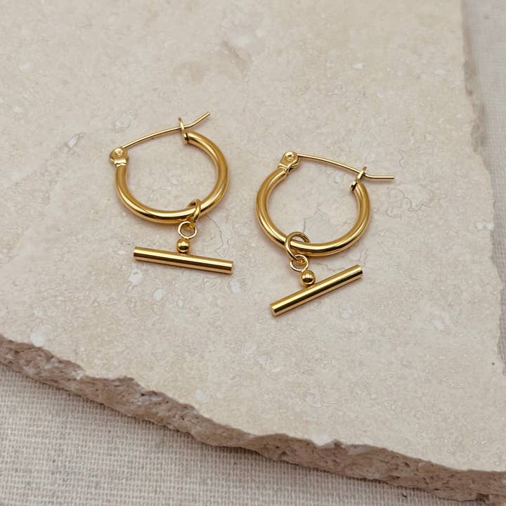 Everyday Lightweight Gold Bar Hoops for wholesale by Little Nell Jewellery