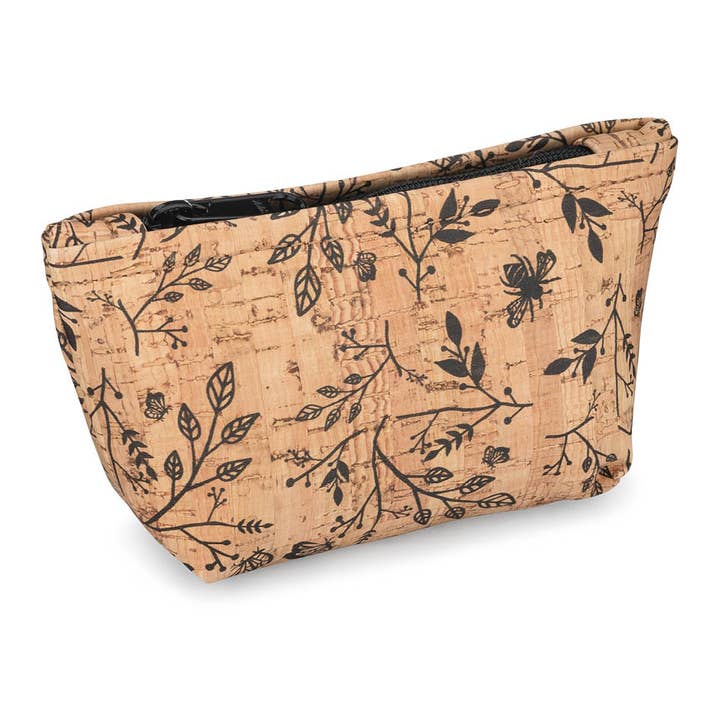 SMALL Cork Zipper Pouch | Black Floral Print for wholesale by Natalie Therese