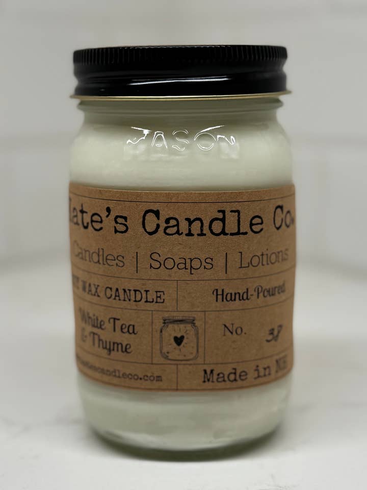 Nr. 38 Witte Thee & Tijm | Mason Jar Kaars voor wholesale door Kate's Candle Co