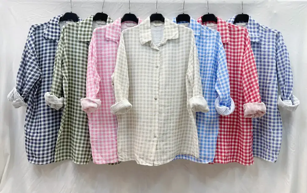 Mimi & Gogo - Vente Chemise à col boutonné – femme - Chemise Vichy Gaze de Coton @2914_ChGazeVichy5