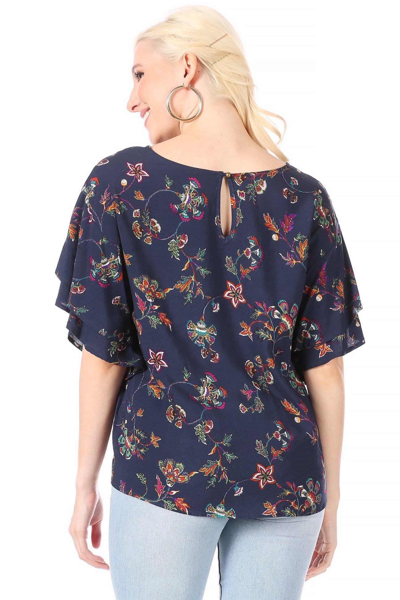CORNER 123, Wholesale Women's Clothing - Wholesale Blouse - Dames - (6 stuks) Marineblauw, Thistle Print Top1