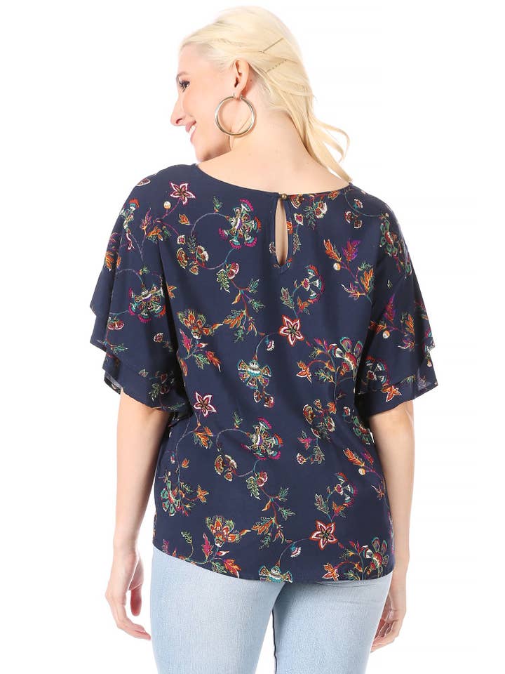 CORNER 123, Wholesale Women's Clothing - Wholesale Blouse - Dames - (6 stuks) Marineblauw, Thistle Print Top1
