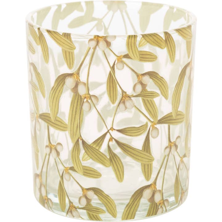 G60025: Glass holder TP,clear,lt grn mistletoe print,3.5in for wholesale by Silver Tree Home & Holiday