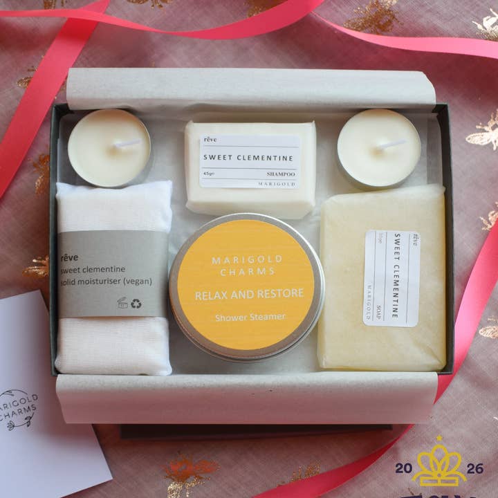 Organische douche spa collectie in brievenbusformaat voor wholesale door Marigold Charms