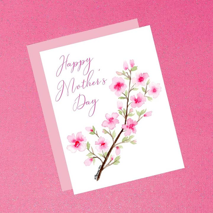 Muttertagskarte — Rosafarbene Kirschblüten-Aquarellblumen für den Großhandel von Tiffany Ascensio Designs | Watercolor Greeting Cards
