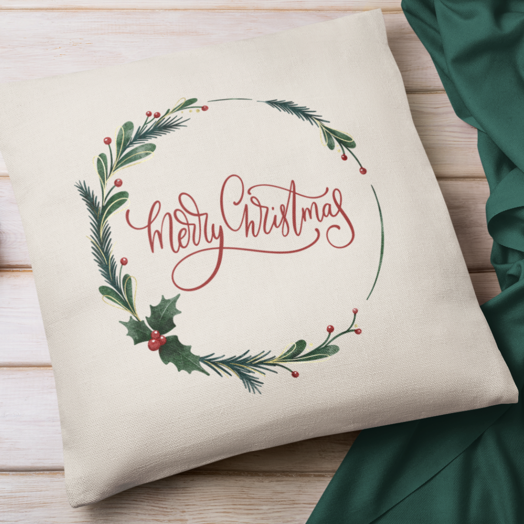 Go Charlotte - Wholesale Throw Pillow Cover - Merry Christmas Holly Wreath Pillow Cover2