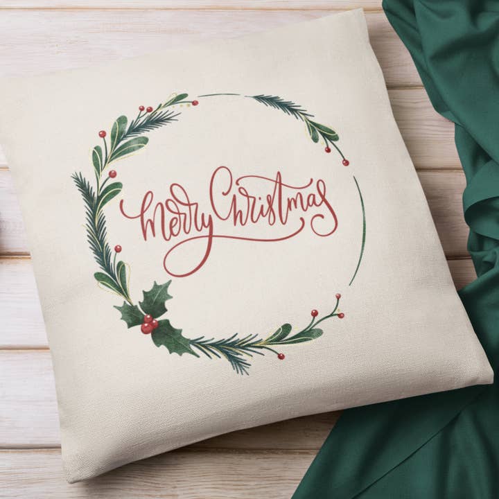 Go Charlotte - Wholesale Throw Pillow Cover - Merry Christmas Holly Wreath Pillow Cover2